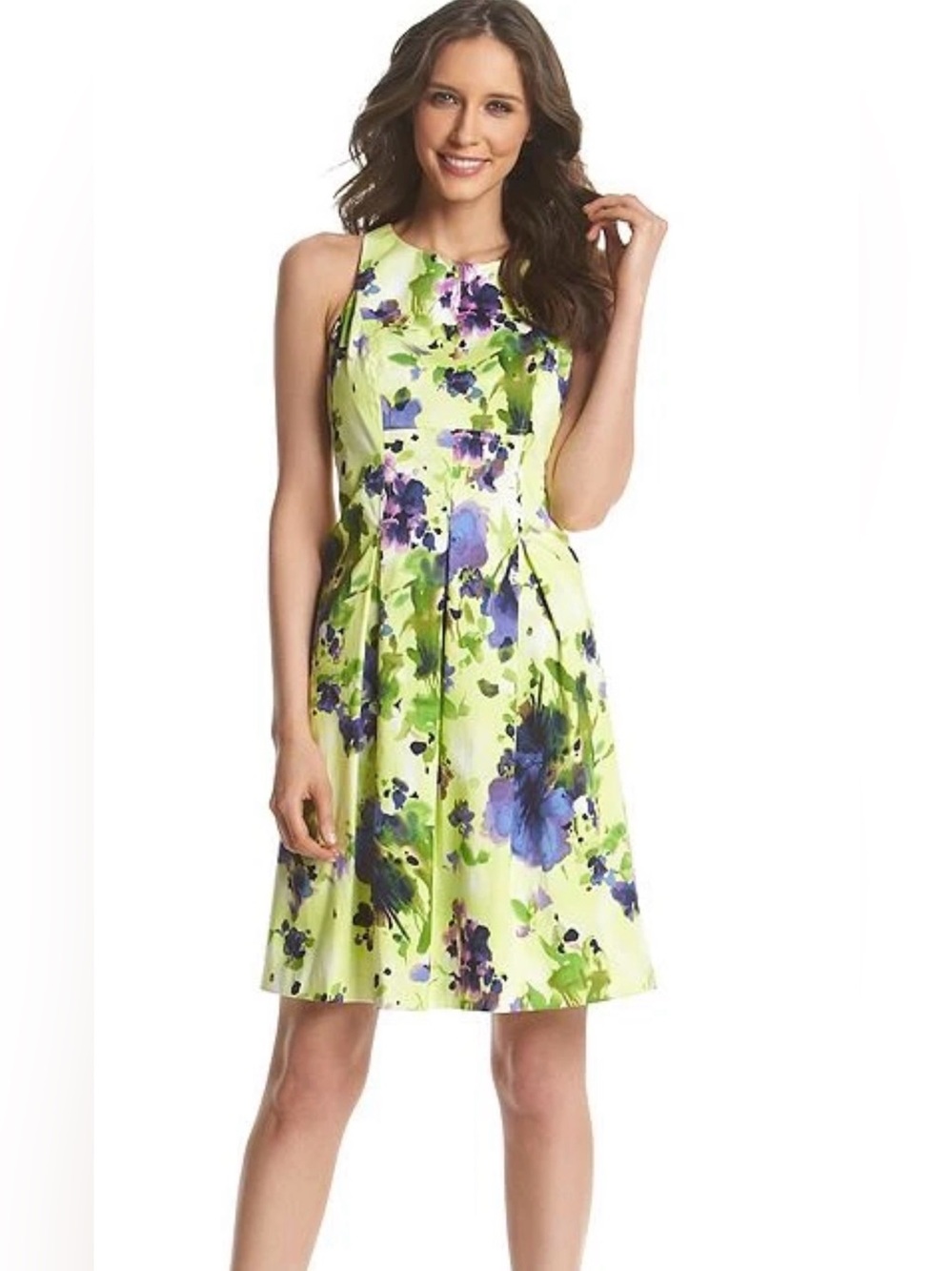 Nine West Yellow Floral A-Line Dress with Purple & Green Print